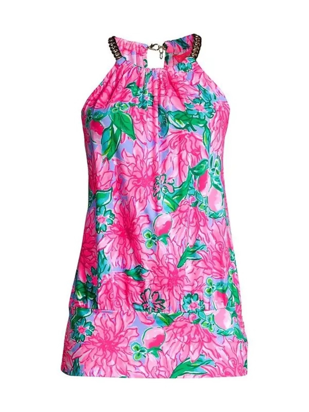 LILLY PULITZER Small Bowen Pink Blossom Try Your Zest Halter Tank Top Gold Chain